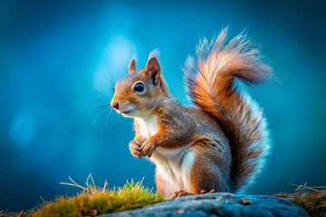 Obraz premium Charming Squirrel on a Vibrant Blue Background - Perfect for Wallpapers and Backgrounds