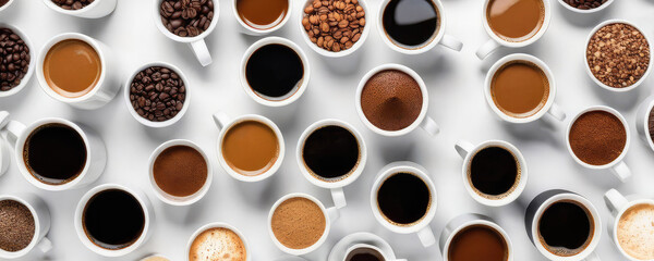 Variety of cups with coffee beans, roasted soluble and ground coffee, aromatic flavors, caffeine selection, types of coffee concept banner.