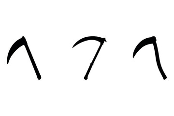 Three stylized scythe icons on a white background