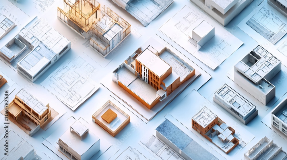 Poster a 3d rendering of a home design concept, showcasing a variety of architectural styles, surrounded by