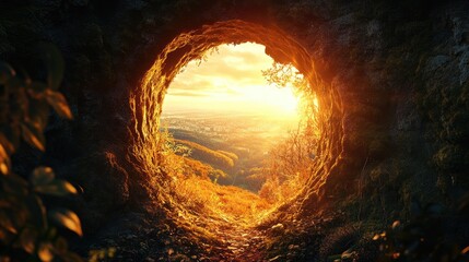 Keyhole view of sunlit landscape, [success opportunity], [concept of visualizing and unlocking potential]