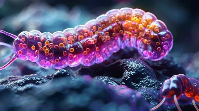 A detailed examination reveals a translucent creature glowing with vibrant colors, crawling over a textured surface in a dark setting, showcasing its intricate features
