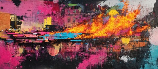Fototapeta premium Abstract cityscape with fire and colorful paint splatters.