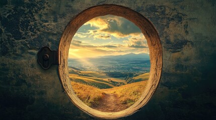 Keyhole view of sunlit landscape, [success opportunity], [concept of visualizing and unlocking potential]