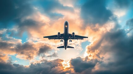 Naklejka premium Airplane Flying Through Dramatic Sunset Clouds