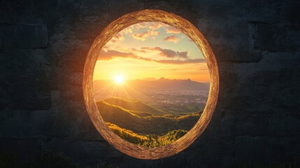 Keyhole view of sunlit landscape, [success opportunity], [concept of visualizing and unlocking potential]
