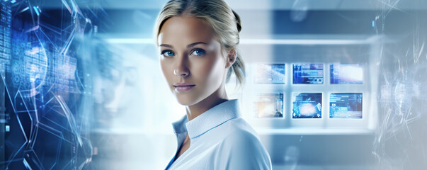 A focused professional in a modern office setting utilizing advanced technology and digital displays in a high-tech environment