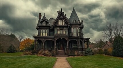 Fototapeta premium Old, Dark Victorian House with a Long Walkway and a Cloudy Sky 