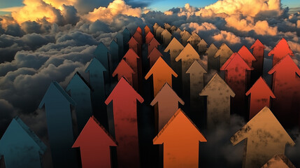 Colorful arrows shooting upward from billowing clouds with sunlight rays breaking through, symbolizing an optimistic growth mindset and soaring ambitions, Generative AI