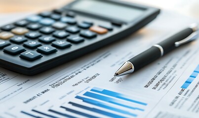A calculator and pen on financial documents with graphs and charts for analysis.