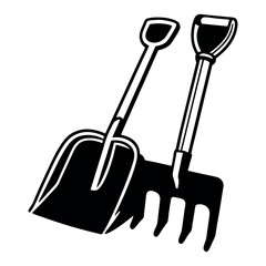 Black and white illustration of garden tools including a shovel and rake