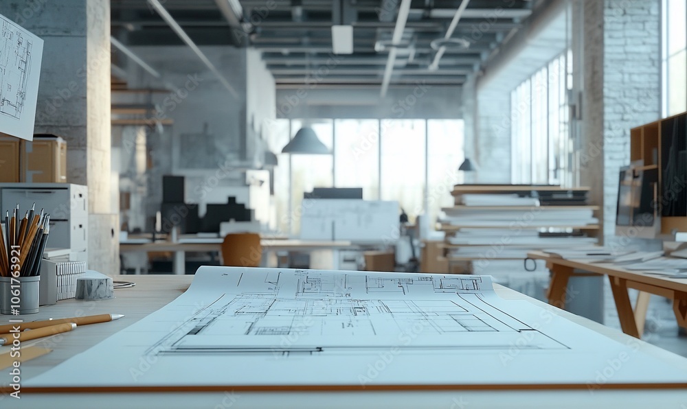Poster a blueprint lies open on a desk in a modern, minimalist office. sunlight streams in from large windo
