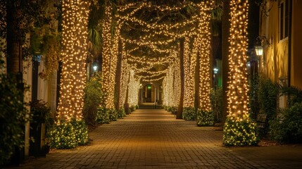 Enchanting pathway through a historical district lined with lights background