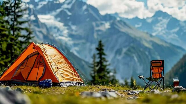 a tent  and  chair  in the mountains