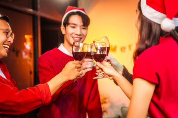 An upbeat New Year’s Eve celebration with Asian friends, family, colleagues, blending work and holiday vibes.while table brims with champagne, wine, gift boxes, delicious foods grilled chicken