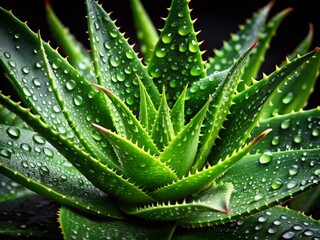 Closeup of Fresh Aloe Vera Leaves with Water Droplets on Dark Background - Natural Beauty and Medicinal Properties for Skincare