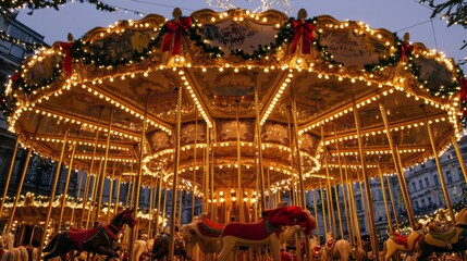 Fototapeta premium Festive carousel decorated with lights and holiday decorations background