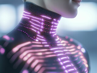 Biometric sensors embedded in clothing provide continuous health feedback, illuminated by pulsating neon lights.