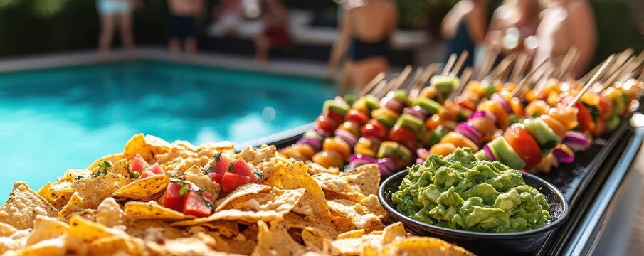 A vibrant poolside spread featuring nachos with guacamole and colorful skewers, ideal for summer gatherings and celebrations.