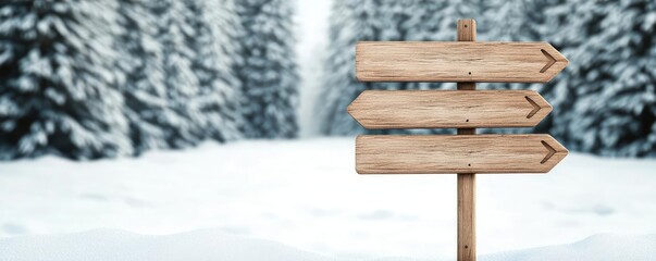 Naklejka premium A wooden direction sign with multiple arrows stands in a snowy landscape, surrounded by tall evergreen trees under a cloudy sky.
