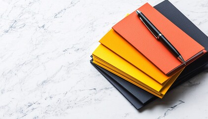 Colorful Stacked Brochure Mockup on Marbled Desk with Pen - Creative Designs and Vibrant Layouts for Marketing Presentation Material
