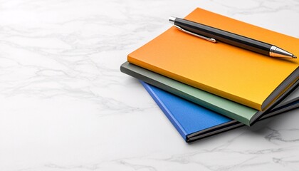 Organized Stacked Brochure Mockup on Marbled Desk with Vibrant Designs and Pen Beside
