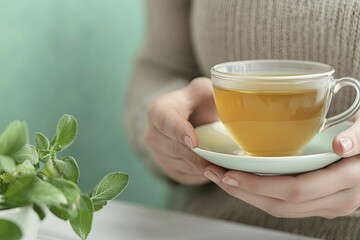 Bowel issues emphasized by a person relaxing with herbal tea, calm setting, soft lighting, tranquil mood