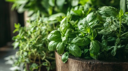 Fresh green herbs in garden rustic background