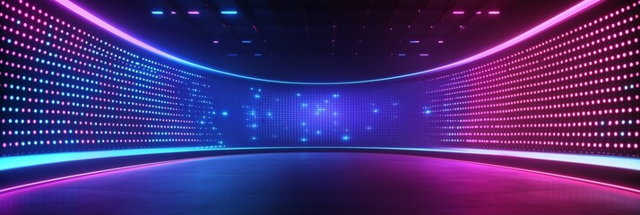 Authentic concave LED display for a wall or platform. Large TV display depicted in a vector illustration with neon blue and purple dot lights. Stadium digital scoreboard with diode lights 
