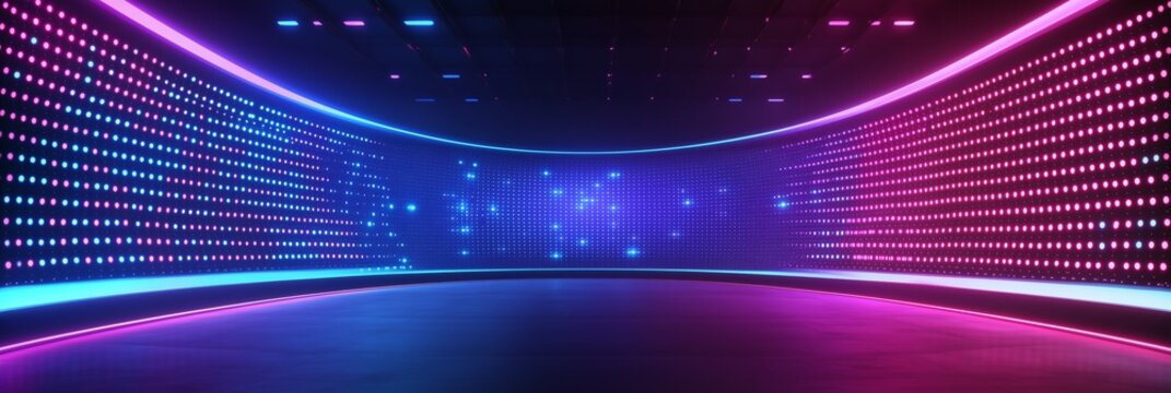 Authentic concave LED display for a wall or platform. Large TV display depicted in a vector illustration with neon blue and purple dot lights. Stadium digital scoreboard with diode lights 