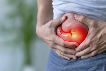 Gastrointestinal issues shown through a person clutching their abdomen in discomfort, gentle lighting, cozy indoor atmosphere, detailed focus.