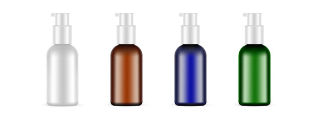 Set Of Four Different Cosmetic Bottle With Dispenser For Lotion, Hair Conditioner, Serum, Toner. Vector Illustration