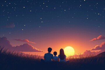 Family lying on the grass watching stars after sunset