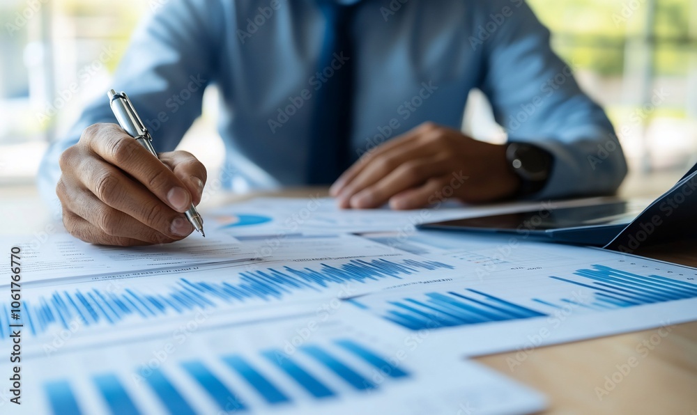 Poster a businessman is working on his desk, focusing on a financial report. he is writing on a piece of pa
