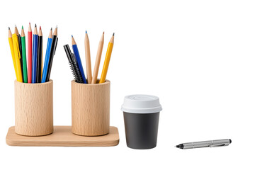 Desk Accessories with Colorful Pencils and Coffee Cup