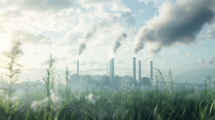 Greenhouse gas reduction, air-cleaning technology in landscape, 3D illustration 