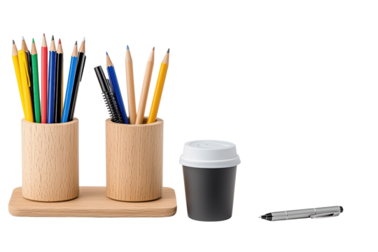 Desk Accessories with Colorful Pencils and Coffee Cup