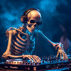 A Skeleton DJ playing music in a nightclub 