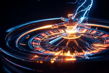 Lightning striking spinning roulette wheel on black background