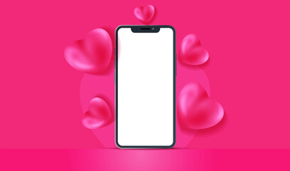 Love phone on pink background. Mock up smartphone with white empty screen. Cellular with pink balloon hearts. Display for valentine's day, date, letter, message. Vector cellphone.