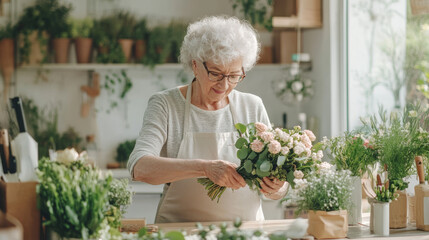 A joyful elderly woman arranges beautiful bouquet of flowers in bright floral shop, surrounded by greenery and plants, showcasing her passion for floristry