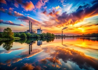 Naklejka premium Colorful Sky Reflection Over Water with Silhouette Factory in Forest – Minimalist Photography of Nature, Industrial Contrast, and Vibrant Colors
