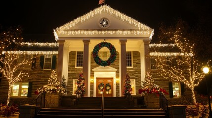 Historic town hall adorned with holiday lights and a large wreath background