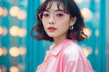 A woman in a pink shirt and glasses is posing for a photo