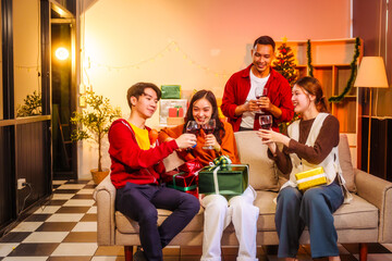 Lively Friday night New Year party with Asian friends, middle-aged and young adults, celebrating with champagne, wine, gifts, and food. A cozy, festive indoor gathering filled with joy and cheer.