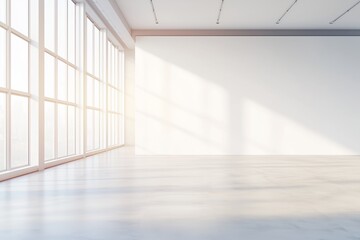 Blank white wall mockup in sunny modern empty gallery, 3d rendering. Clear big stand mock up in museum with contemporary art exhibitions. Large hall interior with wide banner exposition template. 