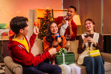 Lively Friday night New Year party with Asian friends, middle-aged and young adults, celebrating with champagne, wine, gifts, and food. A cozy, festive indoor gathering filled with joy and cheer.