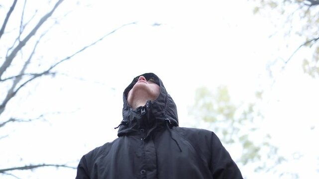 A person in a black hooded jacket gazes up at the sky as if seeking guidance from higher powers in a foggy, deserted autumn park. The scene evokes a sense of vulnerability and a search for meaning ami