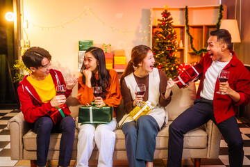 Lively Friday night New Year party with Asian friends, middle-aged and young adults, celebrating with champagne, wine, gifts, and food. A cozy, festive indoor gathering filled with joy and cheer.