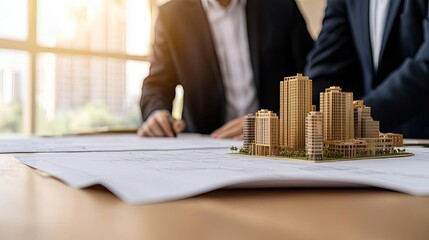 Architects collaborating over blueprints with a miniature model of a city skyscraper, showcasing modern design in a professional workspace.